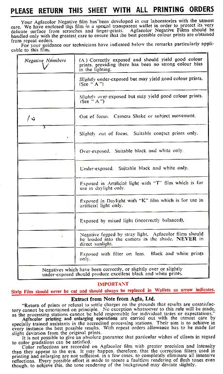 Agfacolor Processing Report Sheet